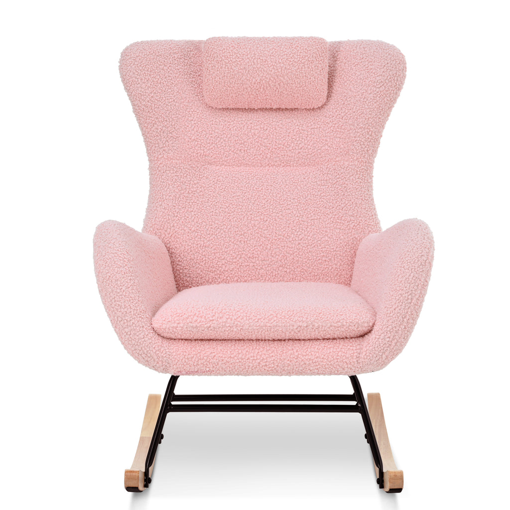 Rocking Chair Nursery, Teddy Upholstered Rocker Glider Chair with High Backrest, Adjustable Headrest & Pocket, Comfy Glider Chair for Nursery, Bedroom, Living Room, Offices, Rubber wood, pink - Grand Goldman Shop