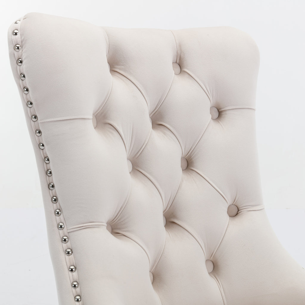 Nikki Collection Modern, High-end Tufted Solid Wood Contemporary Velvet Upholstered Dining Chair with Chrome Stainless Steel Plating Legs,Nailhead Trim,Set of 2，Beige and Chrome, SW1701BG - Grand Goldman Shop