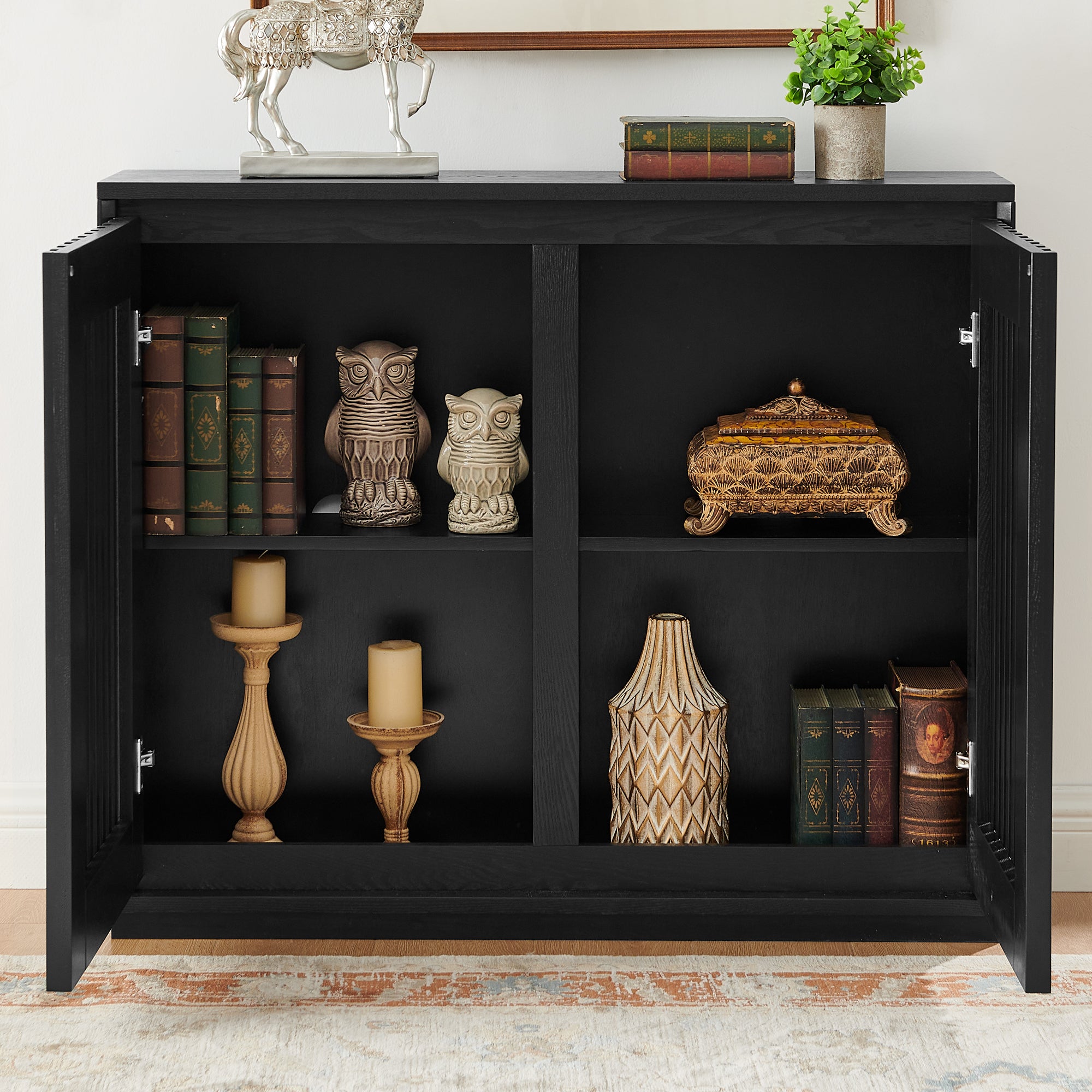 Mid Century Modern Fluted Hollowed Out Sideboard Cabinet with 2 Outlet Holes, Buffet Cabinet with Storage, Black Storage Cabinet for Living Room, Entryway, Hallway, Dining Room, Kitchen - Grand Goldman Shop