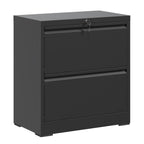 Premium 2 Drawer Metal Lateral File Cabinet with Lock, Black Steel Wide Horizontal Filing Cabinets for Home Office - Grand Go