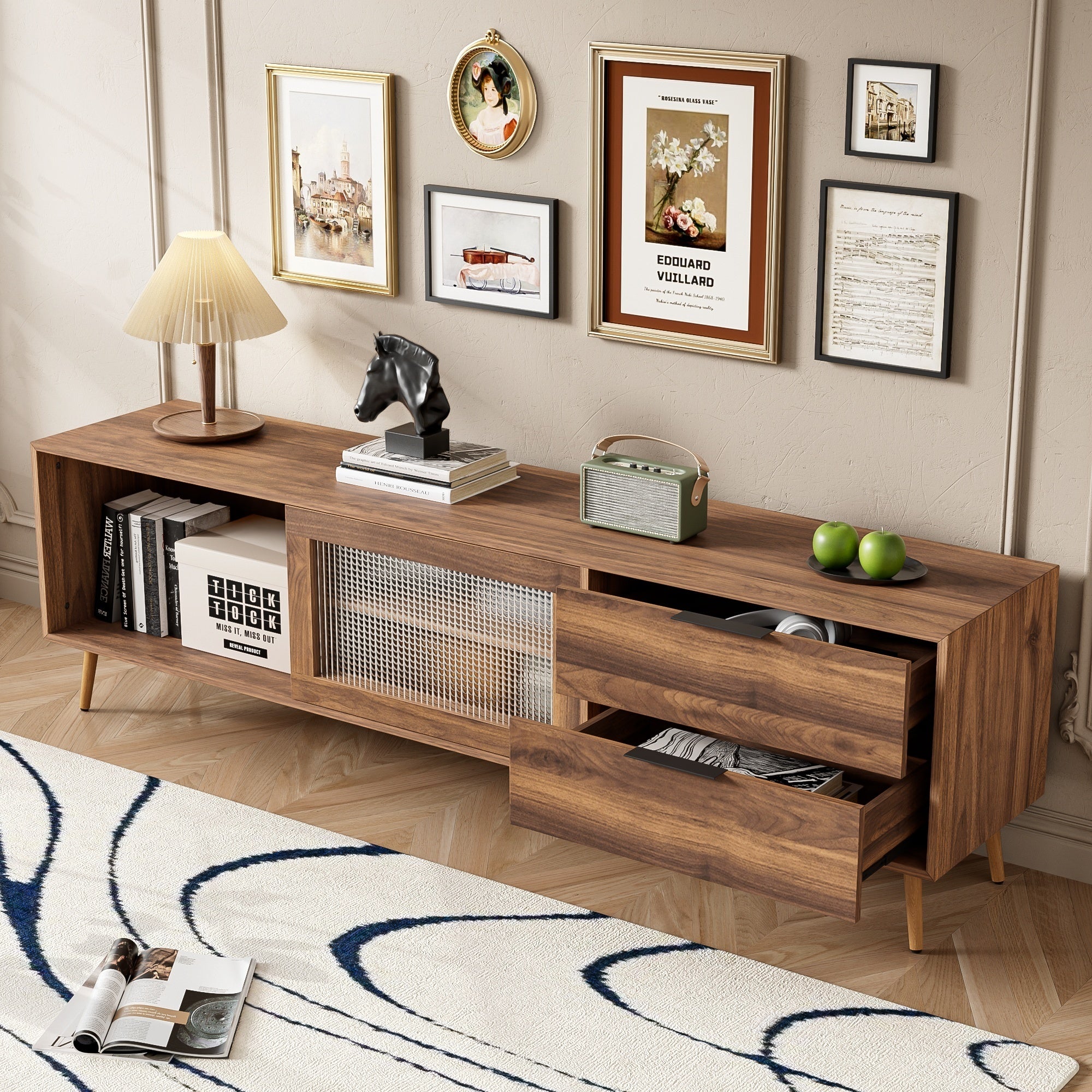 Modern Walnut TV Stand for 75+ TV, 70' Media Console with 2 Glass Doors, 2 Drawers & Storage Cabinet, MDF and Solid Wood Construction - Grand Goldman Shop