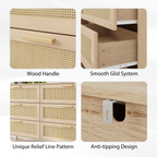 Rattan 6 Drawers Chest Of Dressers For Bedroom,  Modern 6 Drawer Dresser,  Wide Chest Of Drawers With Wood Handles,  Rattan Dresser Storage Cabinet For Living Room,  Bedroom,  Hallway - Grand Goldman Shop