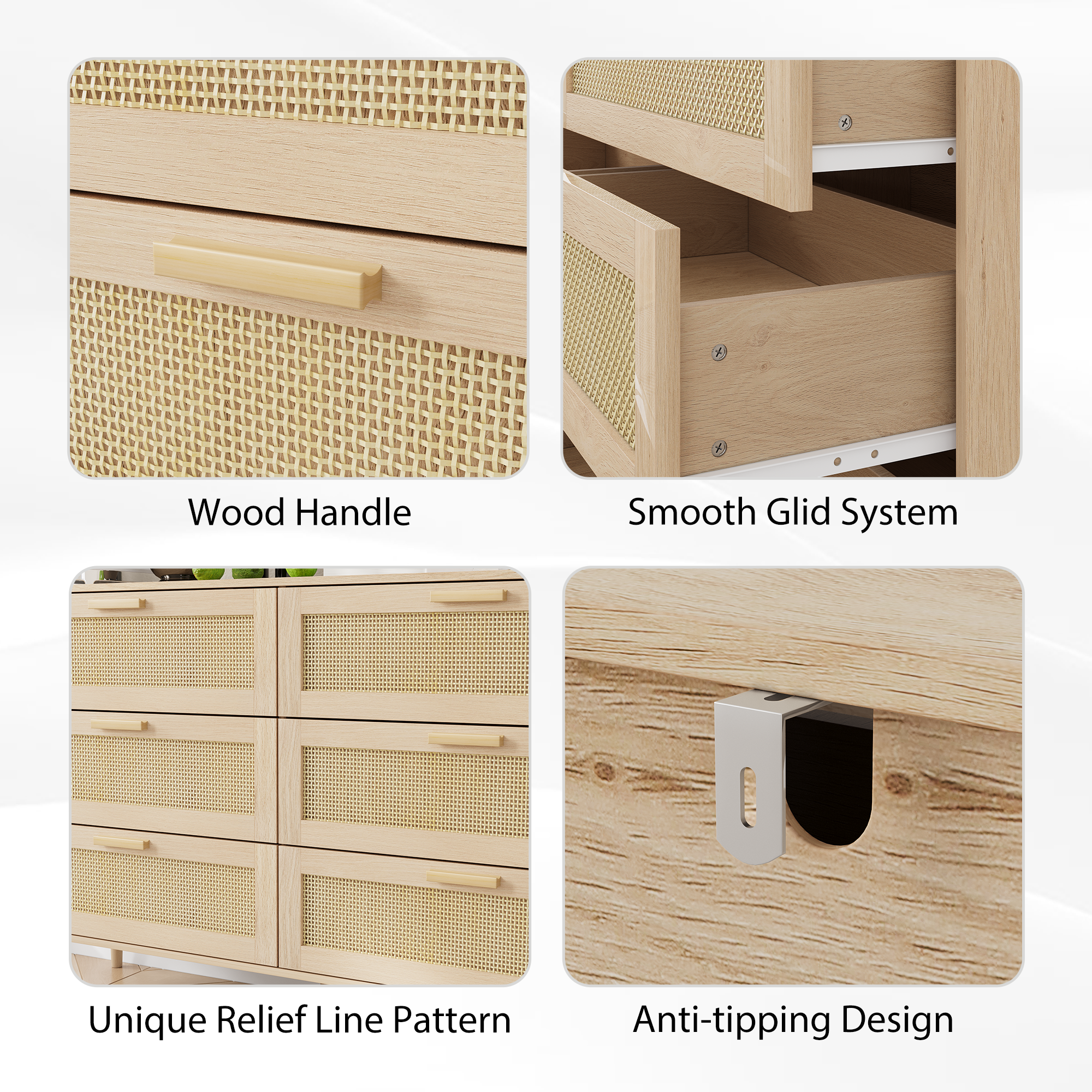 Rattan 6 Drawers Chest Of Dressers For Bedroom,  Modern 6 Drawer Dresser,  Wide Chest Of Drawers With Wood Handles,  Rattan Dresser Storage Cabinet For Living Room,  Bedroom,  Hallway - Grand Goldman Shop