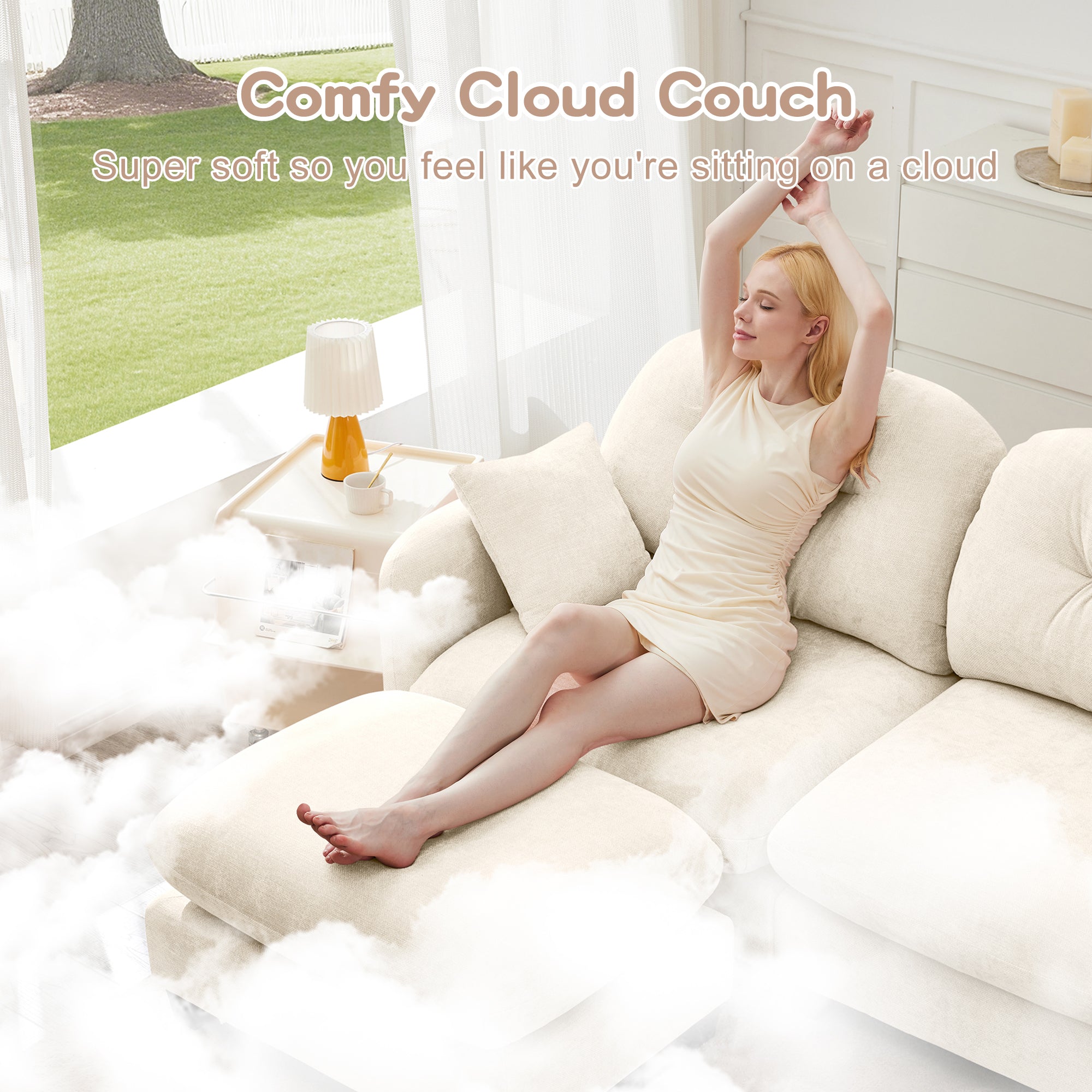 Loveseat Cloud Sectional Couches  Chenille Fabric, Quilted Pleated Design, Ergonomic Design, High-Density Foam Easy Install Elegant Armrests High Quality Wooden Base,Fits Living Rooms,Beige - Grand Goldman Shop