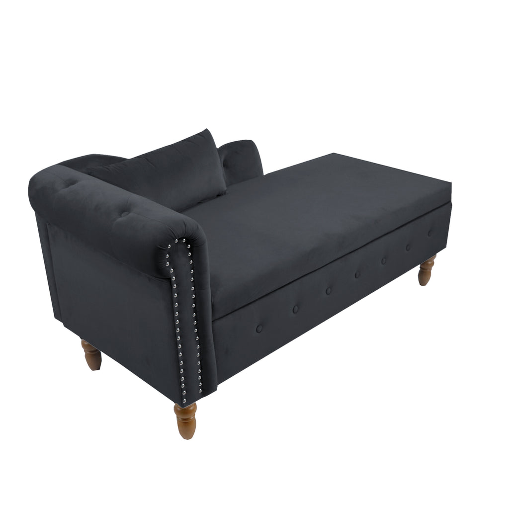 Black Chaise Lounge Indoor, Velvet Lounge Chair for Bedroom with Storage & Pillow, Modern Upholstered Rolled Arm Chase Lounge for Sleeping with Nailhead Trim for Living Room Bedroom Office - Grand Goldman Shop