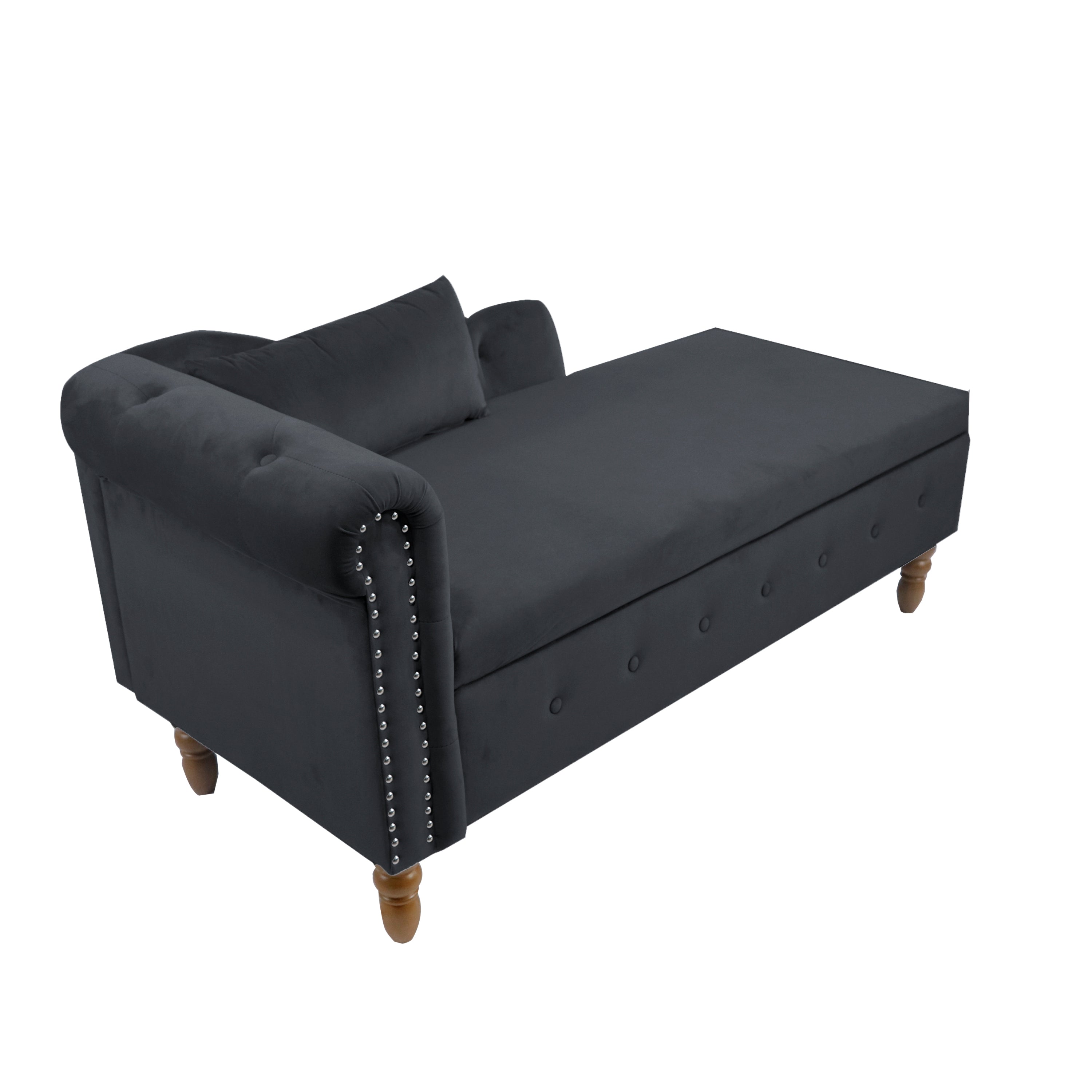 Black Chaise Lounge Indoor, Velvet Lounge Chair for Bedroom with Storage & Pillow, Modern Upholstered Rolled Arm Chase Lounge for Sleeping with Nailhead Trim for Living Room Bedroom Office - Grand Goldman Shop