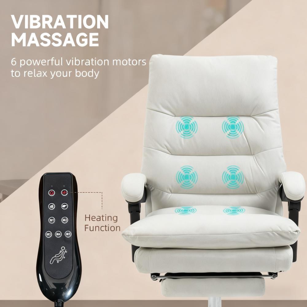 Microfibre Massage Office Chair, Heated Reclining Chair with Footrest,  Cream White - Grand Goldman
