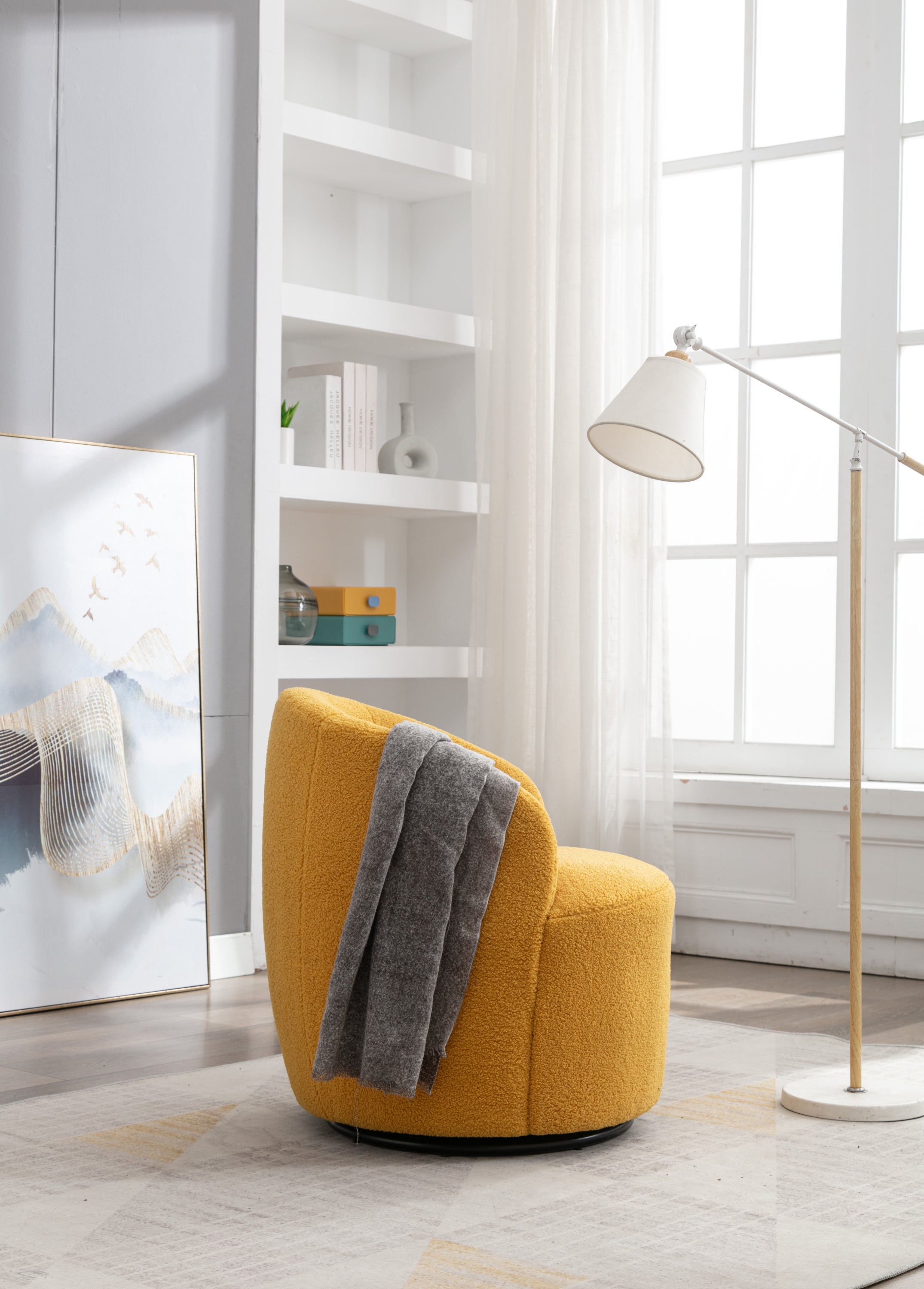 Teddy Fabric Swivel Accent Armchair Barrel Chair With Black Powder Coating Metal Ring,Yellow - Grand Goldman Shop