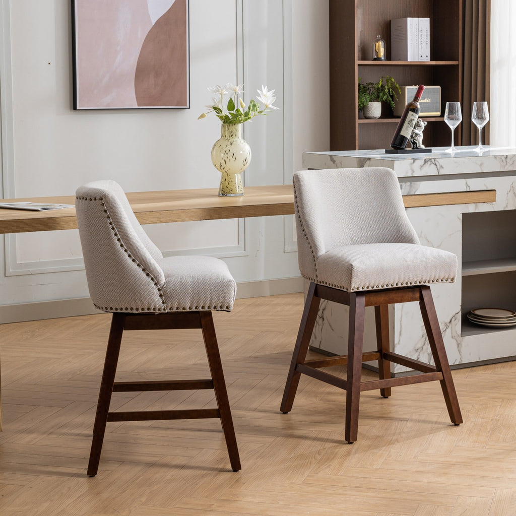 Ivory Upholstered Counter Height Swivel Barstools Set of 2, 26'' H Seat, Fabric and Rubber Wood - Grand Goldman Shop