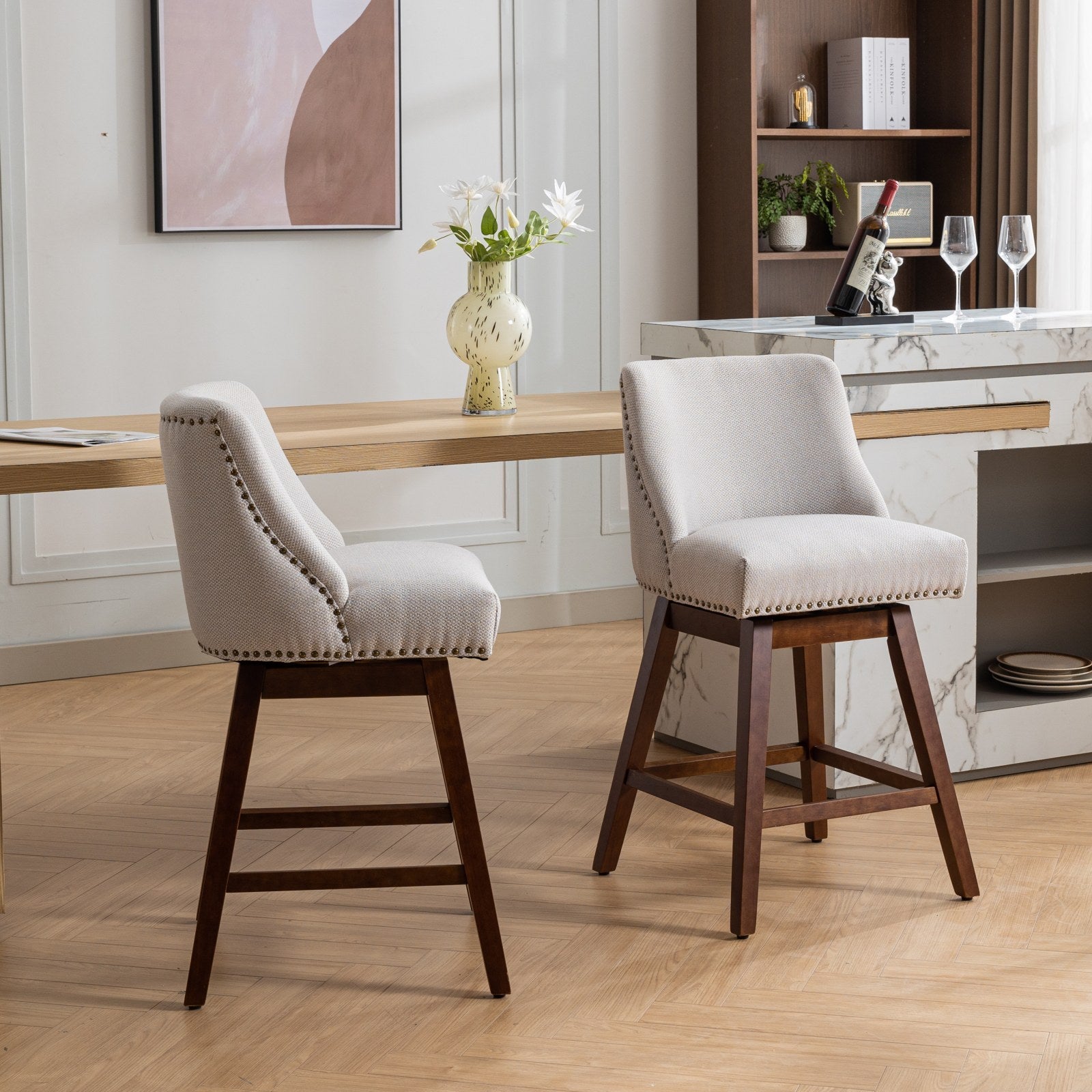 Ivory Upholstered Counter Height Swivel Barstools Set of 2, 26'' H Seat, Fabric and Rubber Wood - Grand Goldman Shop