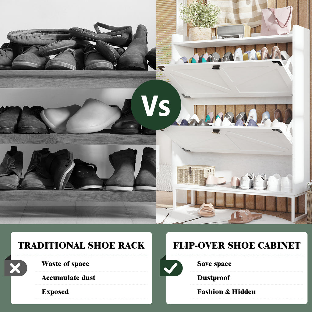 Shoe Cabinet with 2 Flip Drawers,Shoe Storage Cabinet for Entryway,Freestanding Shoe Cabinet Organizer with Open Storage,Narrow Farmhouse Shoe Rack with Metal Corner Decoration Legs,White - Grand Goldman Shop