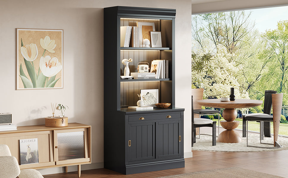 83.4'Tall Bookshelf with with 3 pieces LED Lighting, Modern Bookcase with Sliding Doors and Open Shelves,Storage Bookshelf fo
