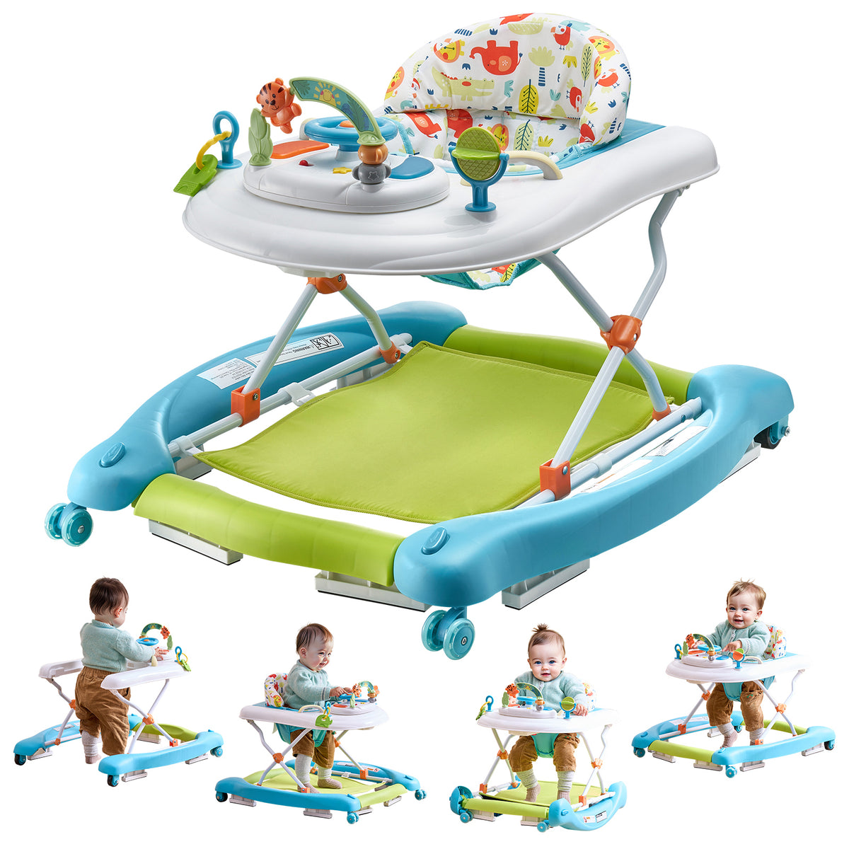 4-in-1 Baby Walker, Foldable Baby Activity Center on Wheels, 3 Adjustable Height, Music & Toys Tray, Learning-Seated,Walk-Beh