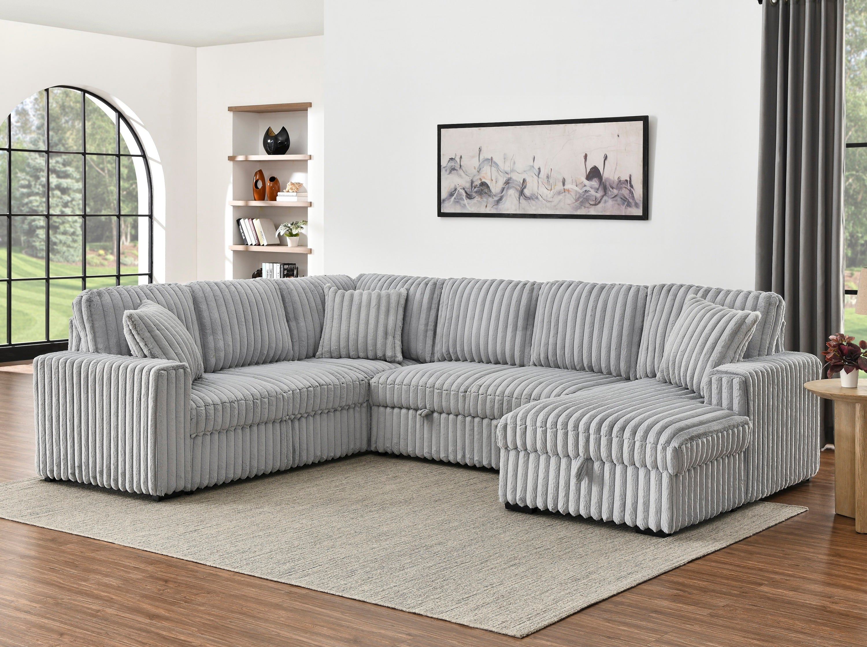 122 Inch Pull Out Couch, Rabbit plush Fabric Sofa Bed with USB Ports & Comfy Upholstered, Oversized U Shape Sectional Sleeper Sofa Bed with Storage Chaise, Grey - Grand Goldman Shop