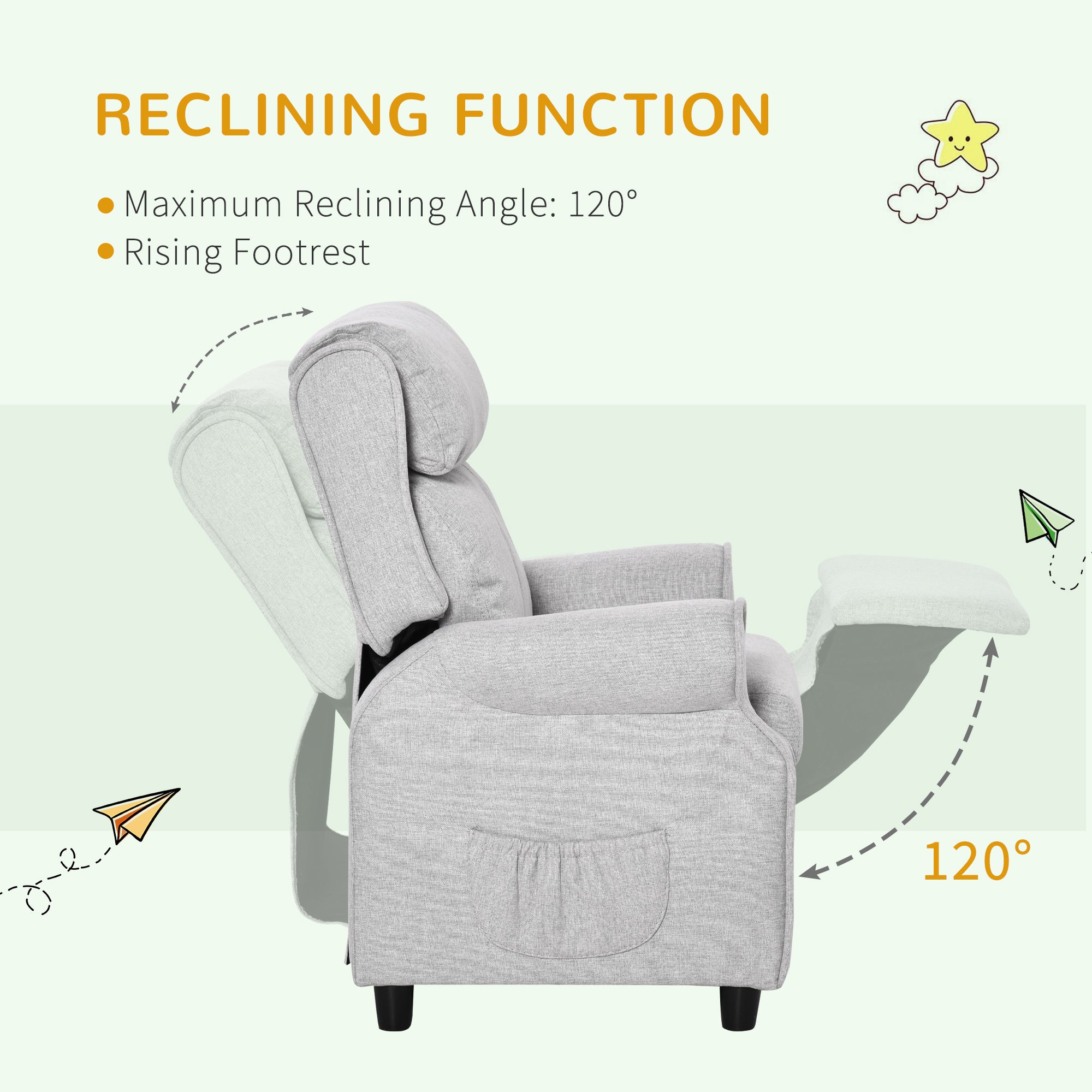 Qaba Kids Recliner Chair Children Sofa Angle Adjustable Single Lounger Armchair Gaming Chair with Footrest 2 Side Pockets for