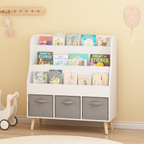 Kids Bookshelf with 3 Fabric Storage Bins, White Wooden Book Display Organizer for Toddlers and Children, Front-Facing Book R