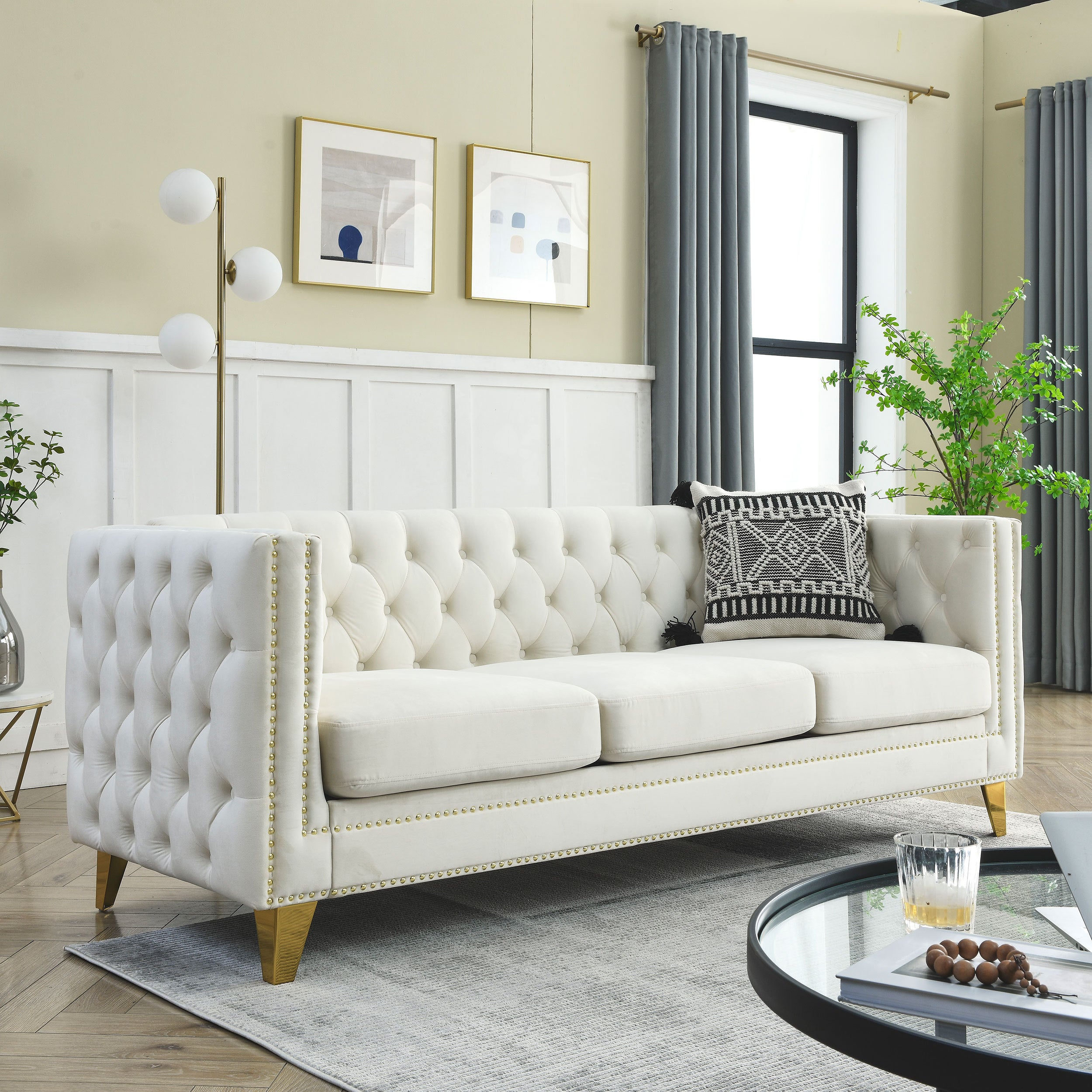 Modern Velvet Sofa with Button Tufting and Metal Legs, Beige Upholstered Couch for Living Room or Bedroom, 3-Seater, W834S00023 - Grand Goldman Shop