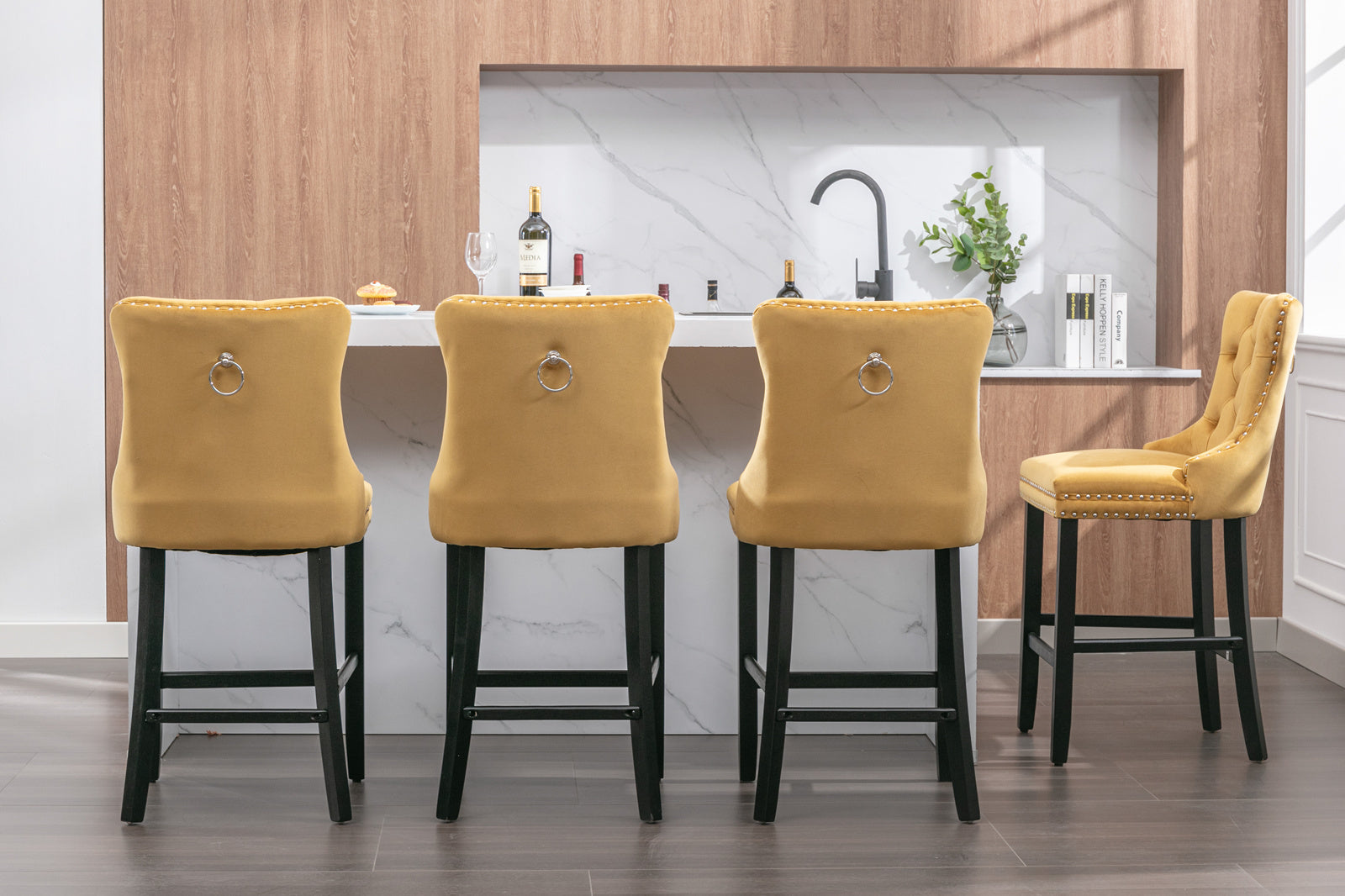 Contemporary Velvet Upholstered Barstools with Button Tufted Decoration and Wooden Legs, and Chrome Nailhead Trim, Leisure Style Bar Chairs,Bar stools, Set of 2 (Golden),SW2002GL - Grand Goldman Shop