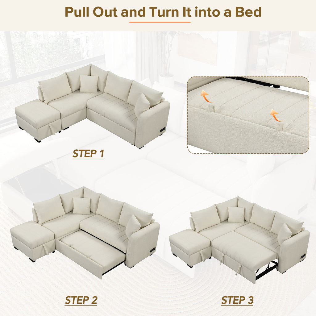 Modern L-shaped Sectional Pull Out Sofa Bed with USB Ports and Storage Ottoman, Beige, Jacquard Fabric, 82.6' - Grand Goldman Shop