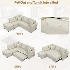 Modern L-shaped Sectional Pull Out Sofa Bed with USB Ports and Storage Ottoman, Beige, Jacquard Fabric, 82.6' - Grand Goldman Shop