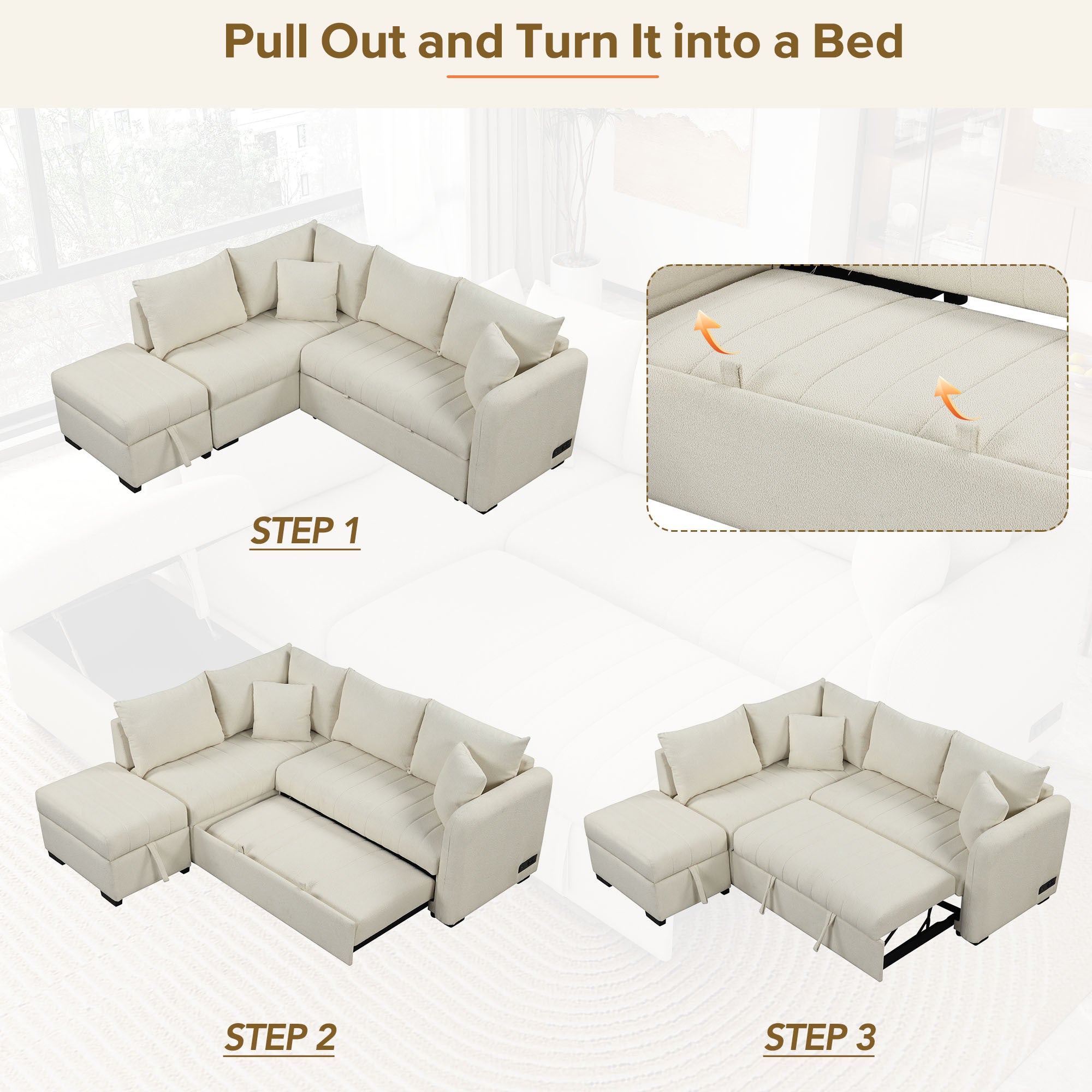 Modern L-shaped Sectional Pull Out Sofa Bed with USB Ports and Storage Ottoman, Beige, Jacquard Fabric, 82.6' - Grand Goldman Shop