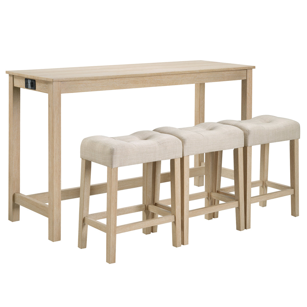 4 Piece Bar Table Set with Power Outlet, Bar Table Set with Chairs, Sofa Bar Table with Stools, Behind Couch Table with 3 Padded Stools for Living Room, Dining room, Light Oak - Grand Goldman Shop