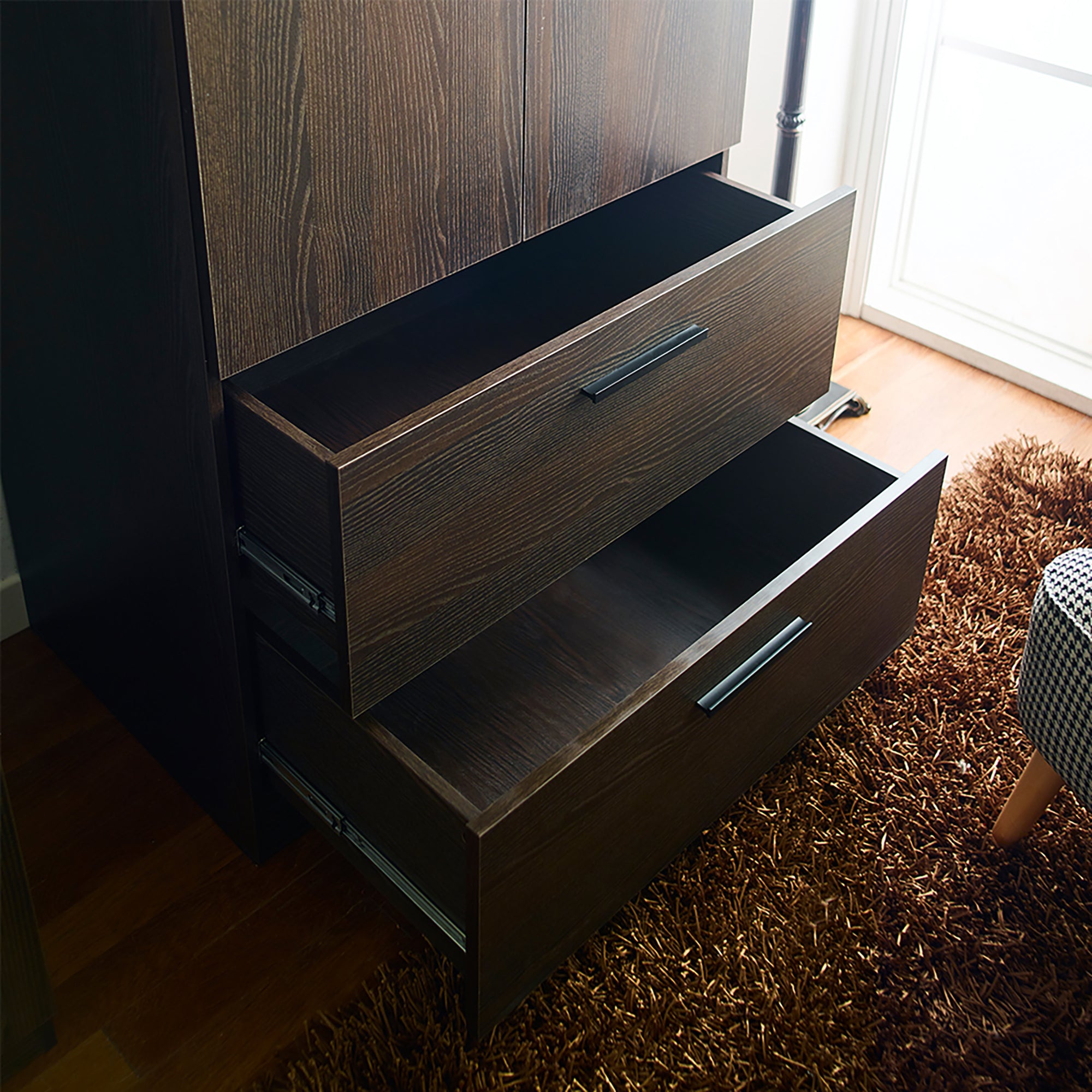 Brook Two-Door Wood Closet with Two Drawers and Hanging Bars in Dark Brown Solid Wood - Grand Goldman Shop