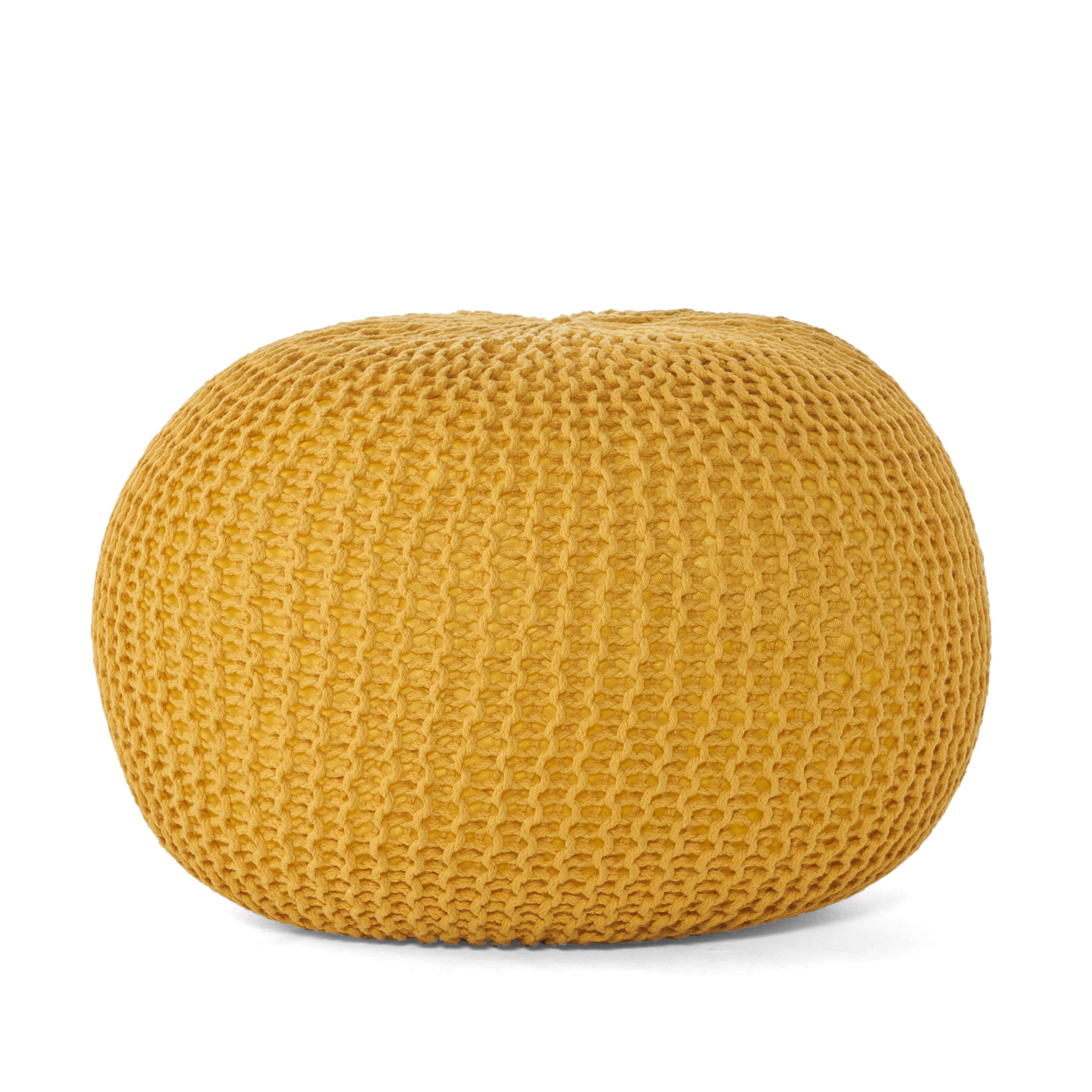 Bordeaux Knitted Cotton Round Pouf, Yellow, Versatile Ottoman and Floor Cushion - Grand Goldman Shop