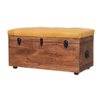 Solid Wood Buffalo Hide Honey Caramel Storage Trunk, Leather Upholstered, Yellow and Brown - Grand Goldman Shop