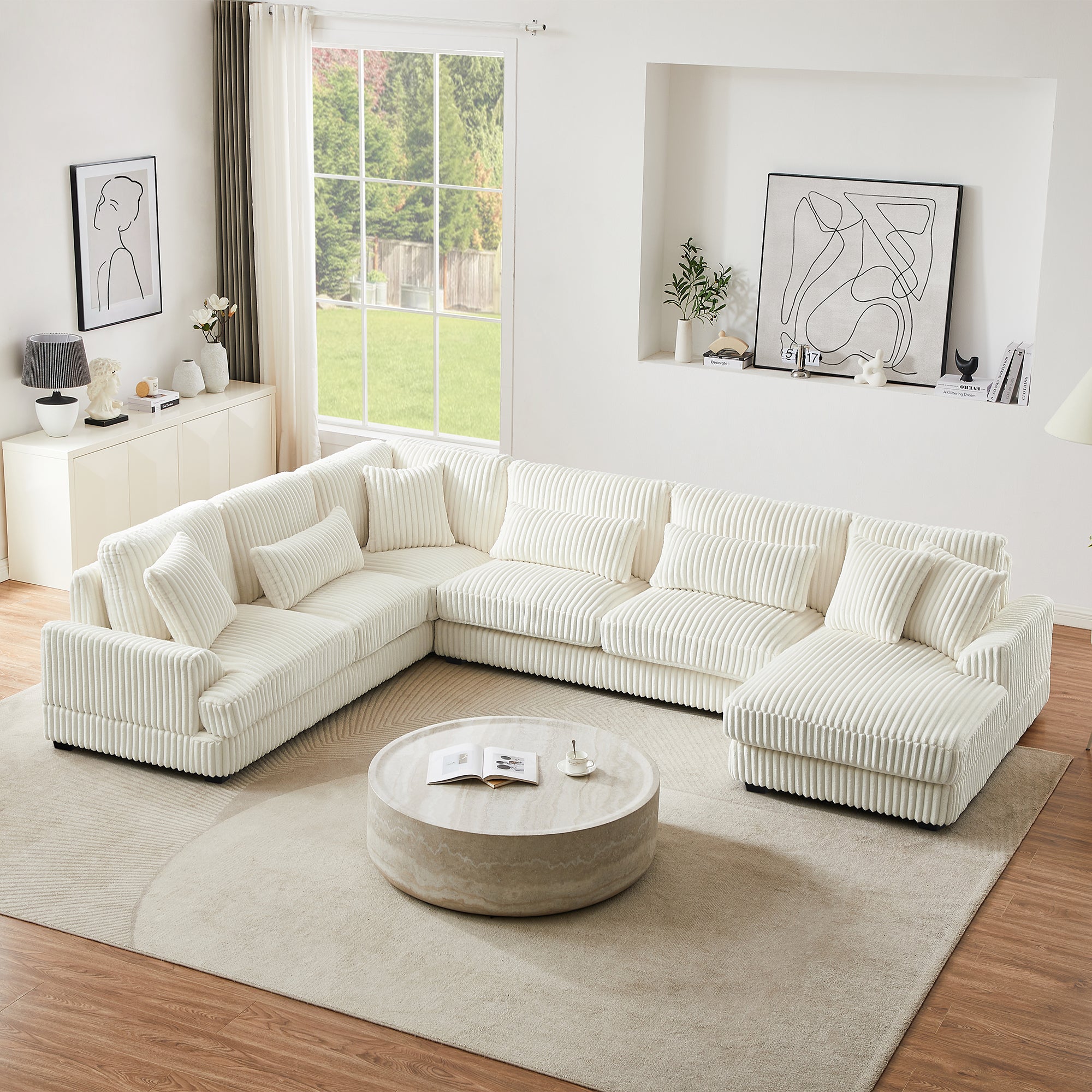 Modern Oversized U-shaped Sectional Sofa with Chaise Lounge in Beige Corduroy, 129' - Grand Goldman Shop