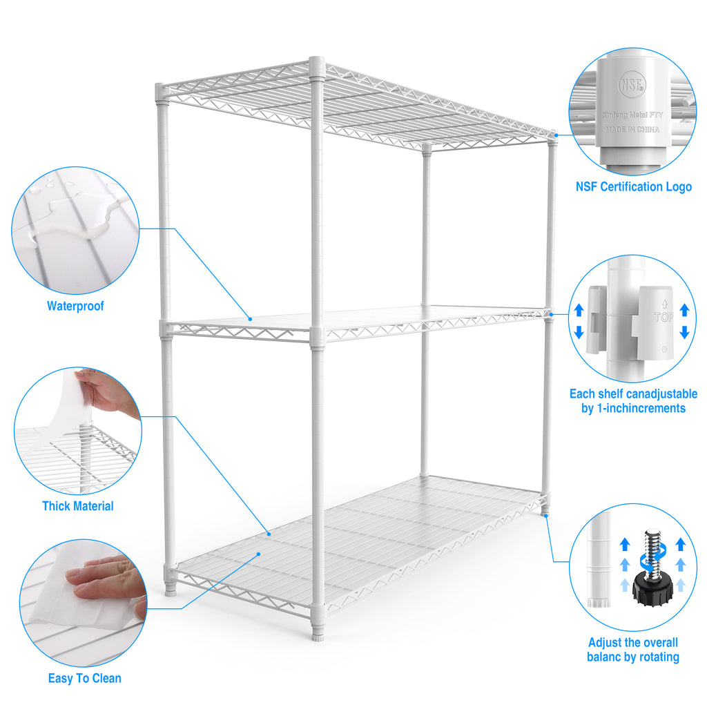 3 Tier Wire Shelving Unit, 1050 LBS NSF Height Adjustable Metal Garage Storage Shelves, Heavy Duty Storage Wire Rack Metal Shelves - White - Grand Goldman Shop