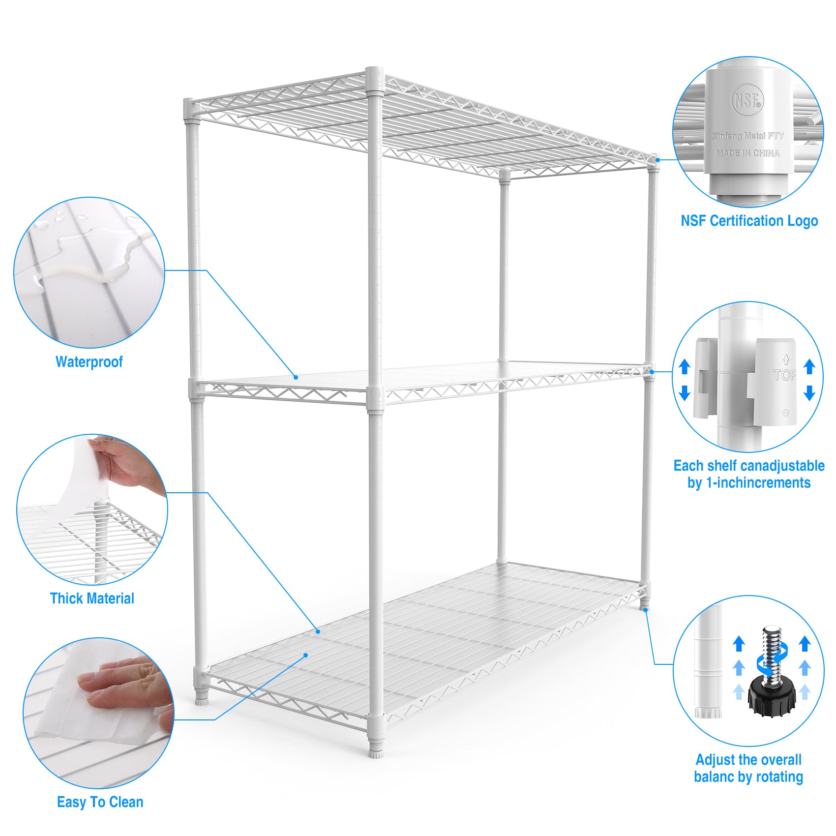 3 Tier Wire Shelving Unit, 1050 LBS NSF Height Adjustable Metal Garage Storage Shelves, Heavy Duty Storage Wire Rack Metal Shelves - White - Grand Goldman Shop