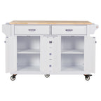Kitchen Island with Rubber wood Countertop, Kitchen Cart on 5 Wheels with Storage Cabinet and 5 Drawers for Dinning Room, White - Grand Goldman Shop