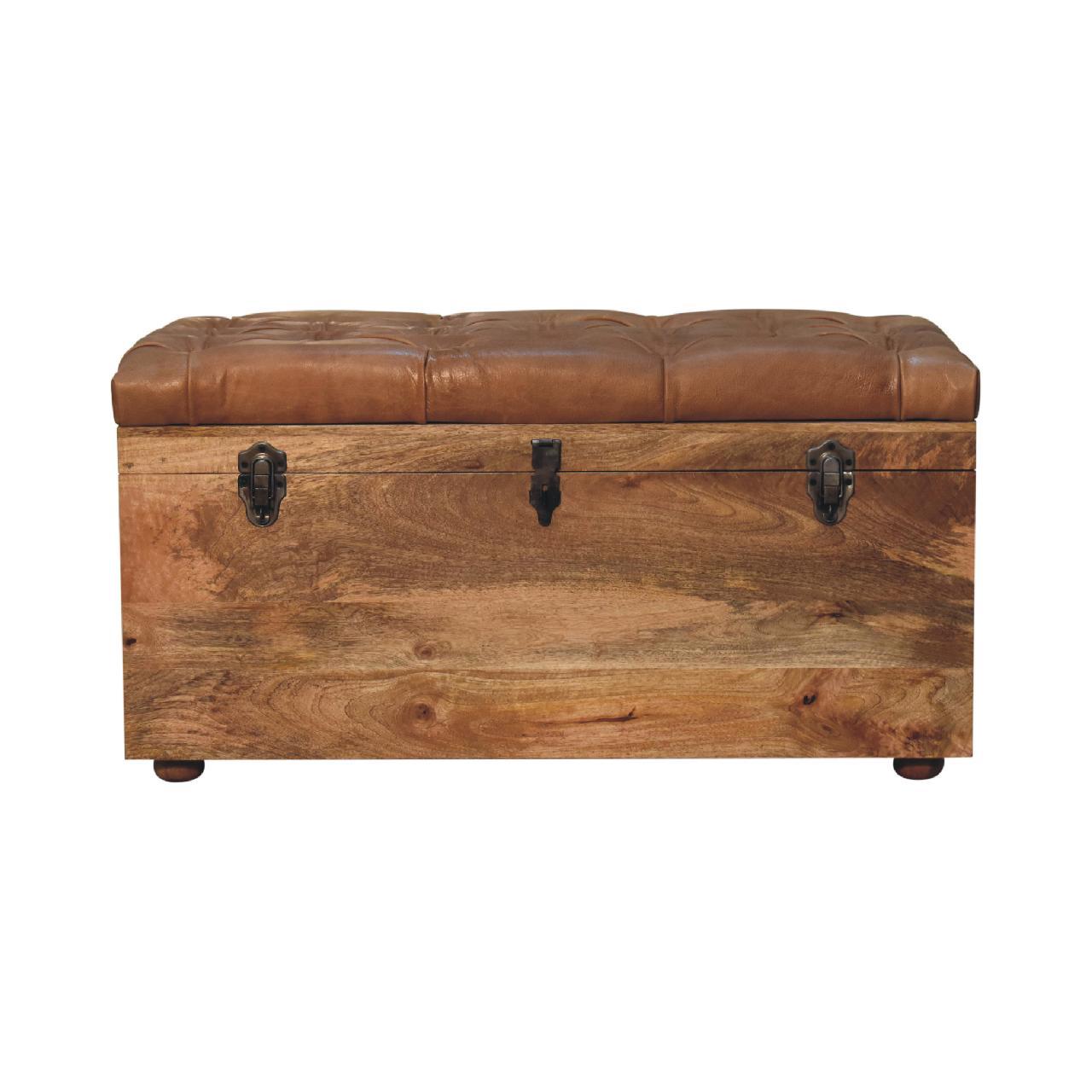 Solid Wood Buffalo Hide Oak-ish Storage Trunk, Leather Upholstered, Brown and Tan - Grand Goldman Shop