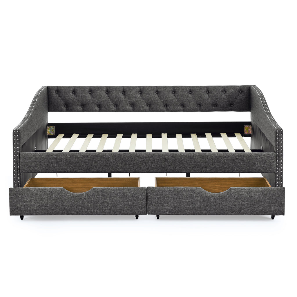 Mid-Century Style Upholstered Daybed with Drawers, Dark Grey Linen Fabric, Button Tufted Back, Copper Nail Trimmed Waved Arms, 80.5''x55.5''x27.5'' - Grand Goldman Shop