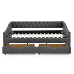 Mid-Century Style Upholstered Daybed with Drawers, Dark Grey Linen Fabric, Button Tufted Back, Copper Nail Trimmed Waved Arms, 80.5''x55.5''x27.5'' - Grand Goldman Shop