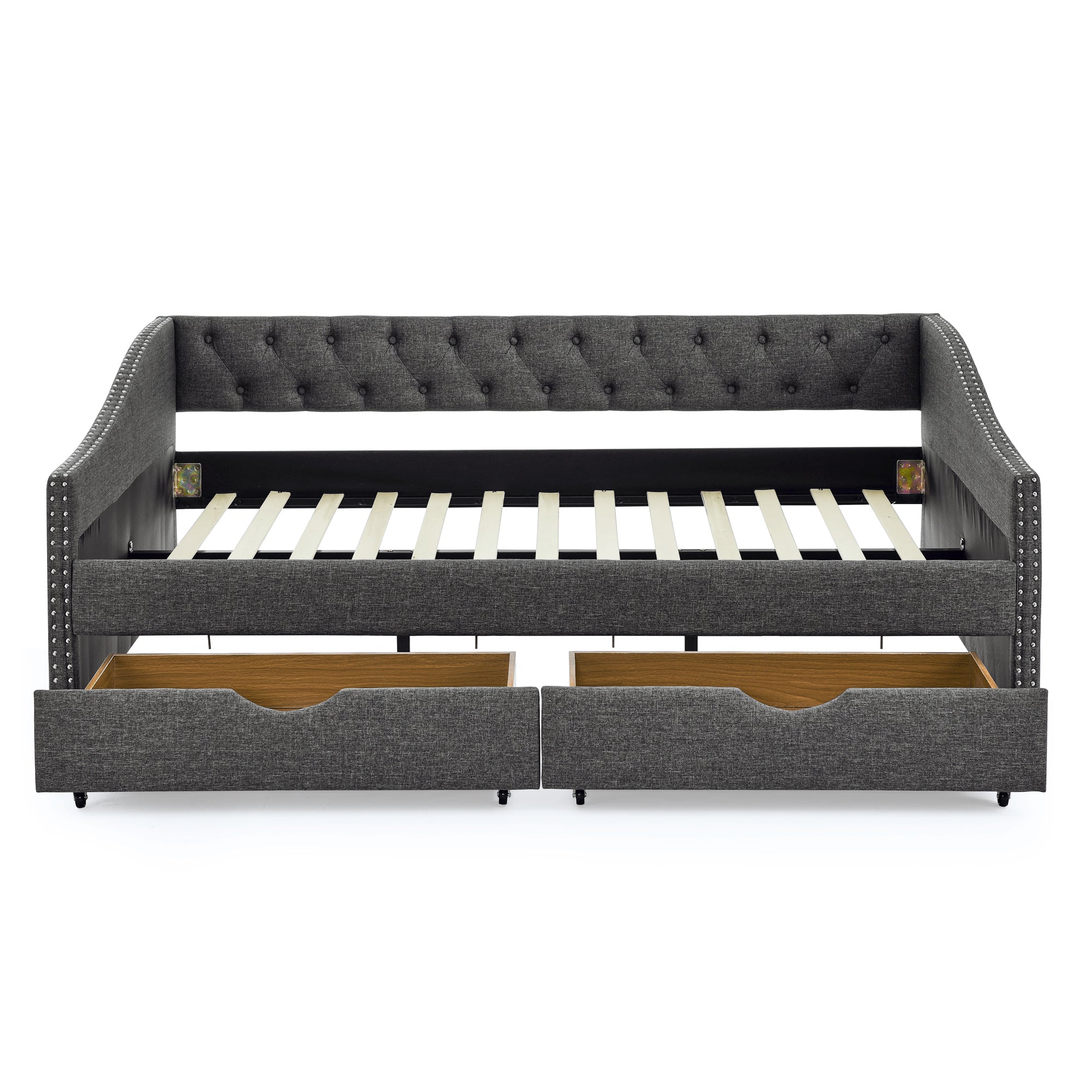 Mid-Century Style Upholstered Daybed with Drawers, Dark Grey Linen Fabric, Button Tufted Back, Copper Nail Trimmed Waved Arms, 80.5''x55.5''x27.5'' - Grand Goldman Shop