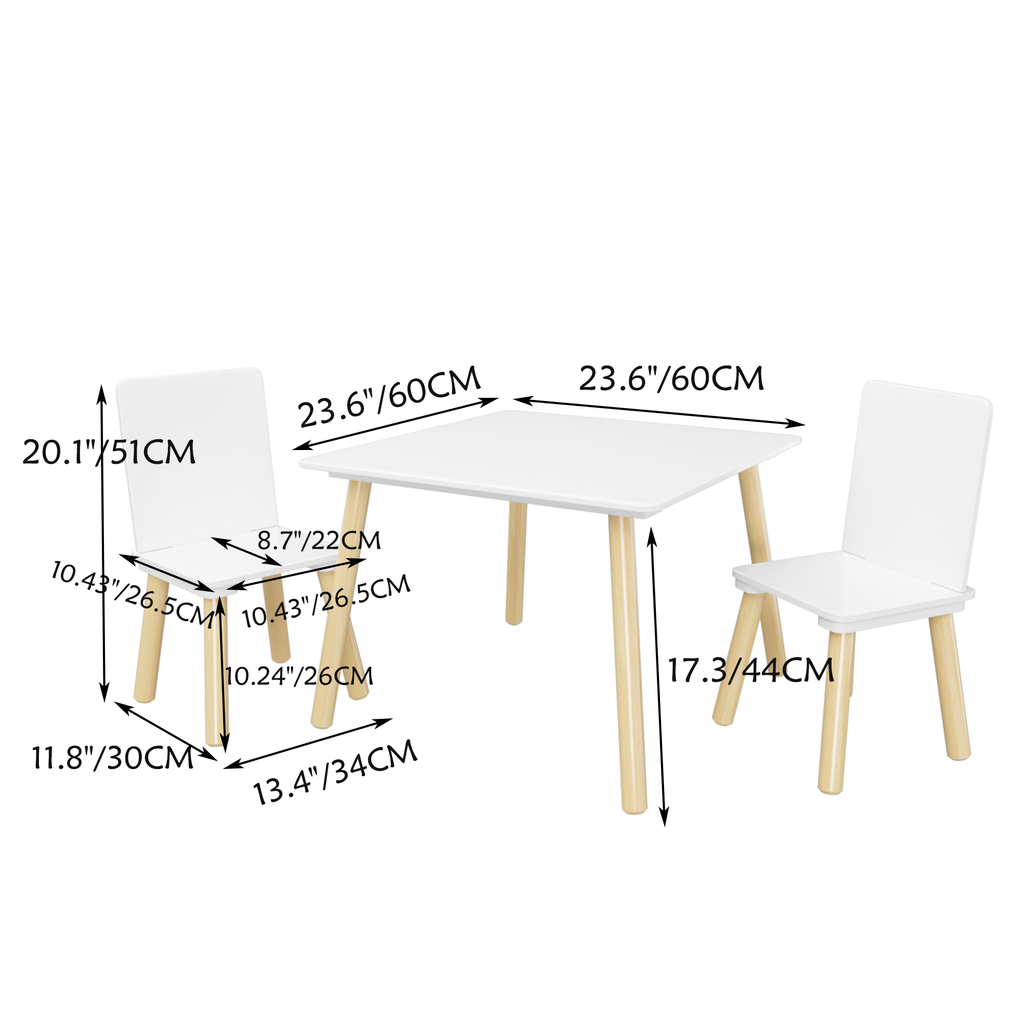 White Wooden Kids Table and 2 Chairs Set, 3-Piece Toddler Activity Play Table with Solid Wood & MDF Construction, Compact Siz
