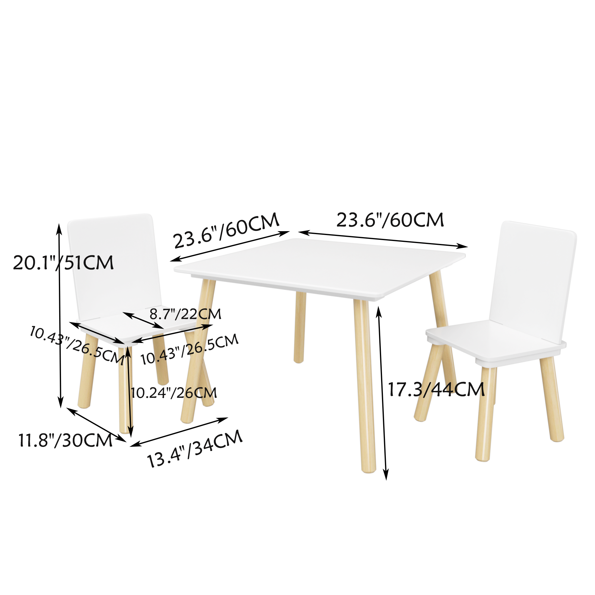 White Wooden Kids Table and 2 Chairs Set, 3-Piece Toddler Activity Play Table with Solid Wood & MDF Construction, Compact Siz