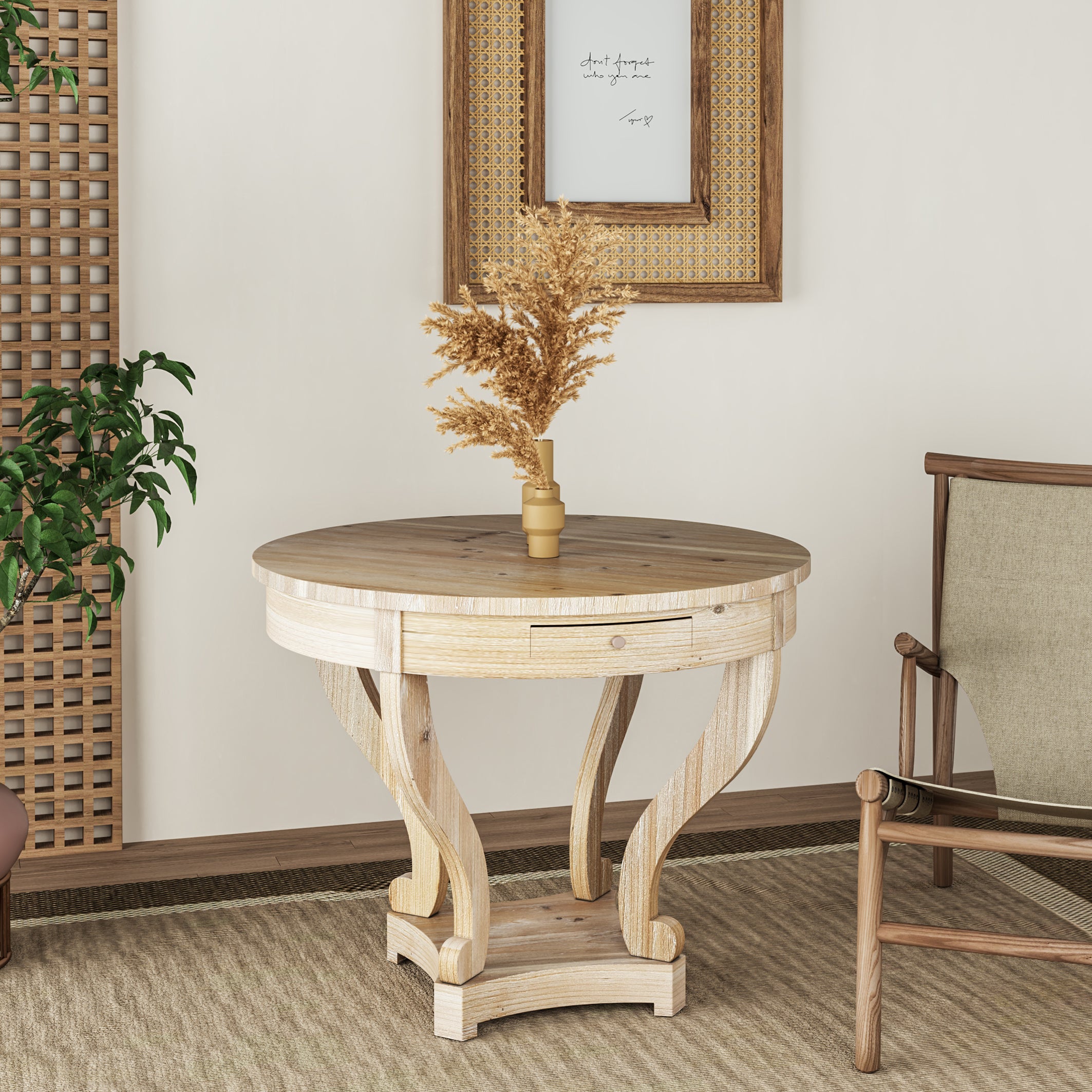 Farmhouse Style Round Dining Table with Curved Legs in Natural Wood Grain, Small Size, Distressed Finish - Grand Goldman Shop
