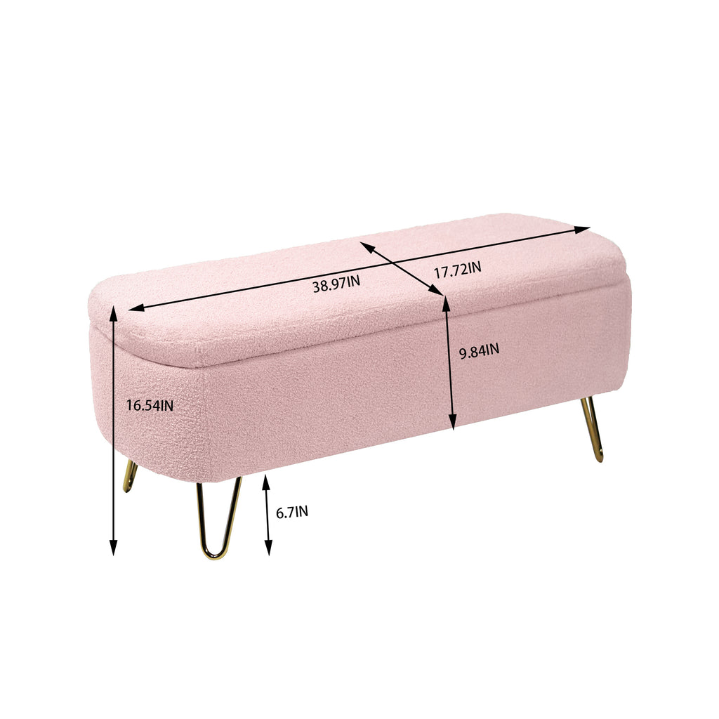 Pink Storage Ottoman Bench for End of Bed Gold Legs, Modern Grey Faux Fur Entryway Bench Upholstered Padded with Storage for Living Room Bedroom - Grand Goldman Shop