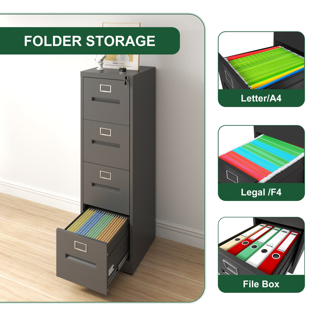 Premium 4 Drawer File Cabinet with Lock Metal Vertical File Cabinet for Office or Home in Black Steel, A4 Legal/Letter Size -