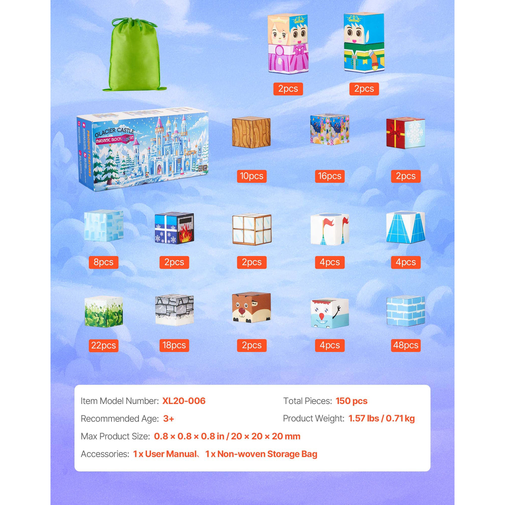 Magnetic Blocks 150 PCS Glacier Castle Set STEM Montessori Sensory Toys - Grand Goldman