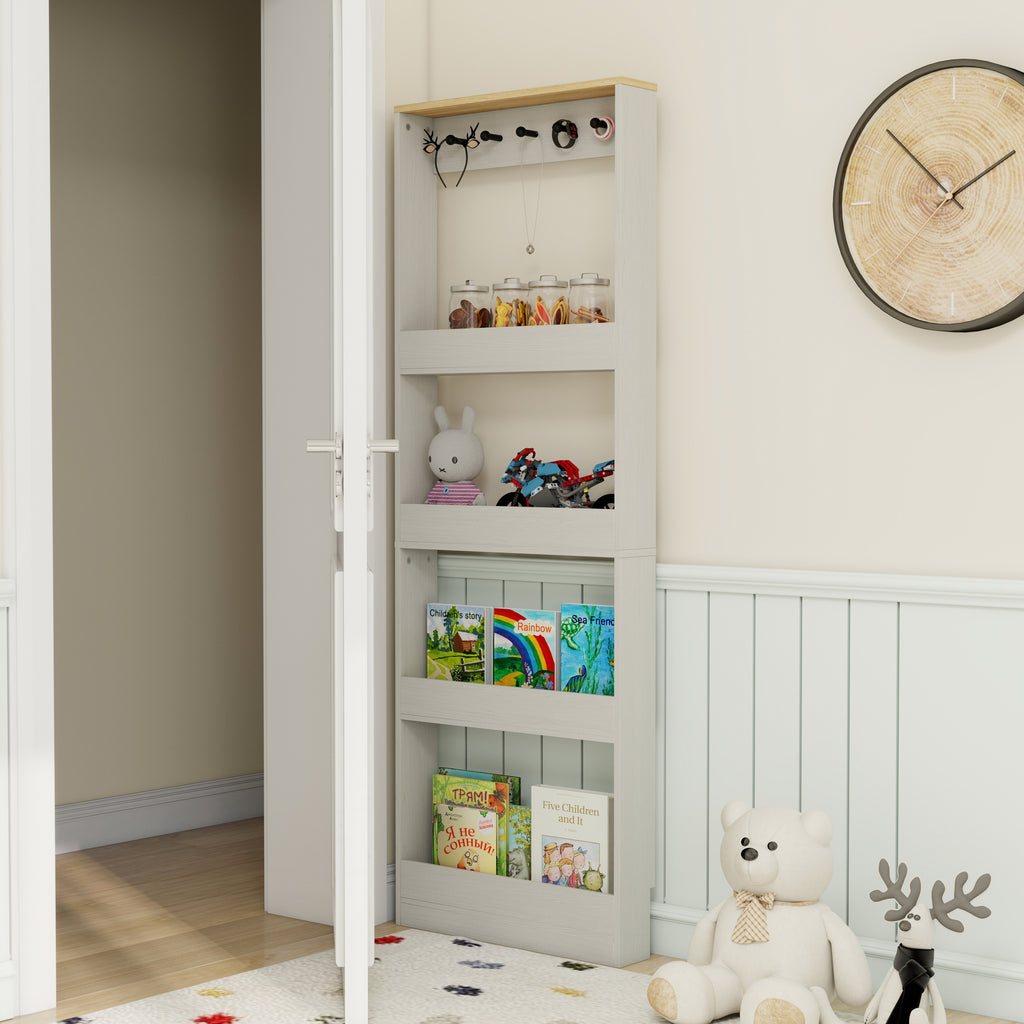 Behind The Door 69' Tall Bookcase with 4 Shelves and 5 hooks,  Space-Saving Narrow storage cabinet for Living Room, Children's Room, Study Room, Kitchen, Corridor-Antique White - Grand Goldman Shop