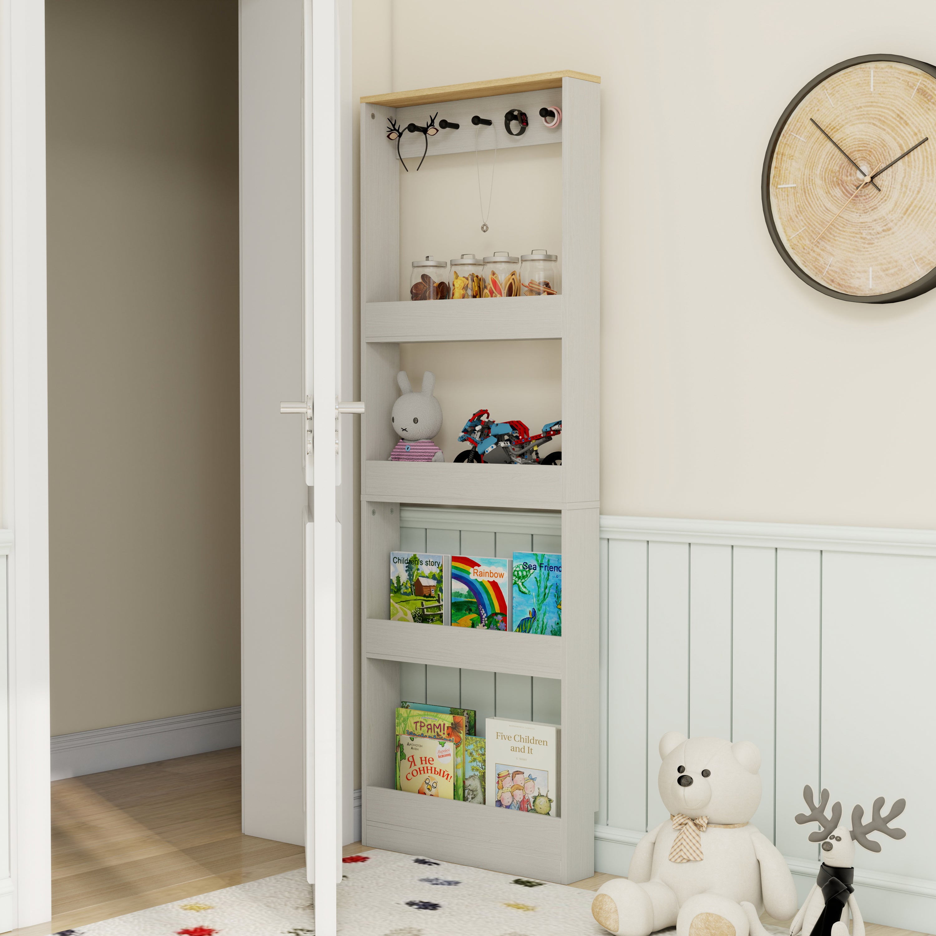 Behind The Door 69' Tall Bookcase with 4 Shelves and 5 hooks,  Space-Saving Narrow storage cabinet for Living Room, Children's Room, Study Room, Kitchen, Corridor-Antique White - Grand Goldman Shop