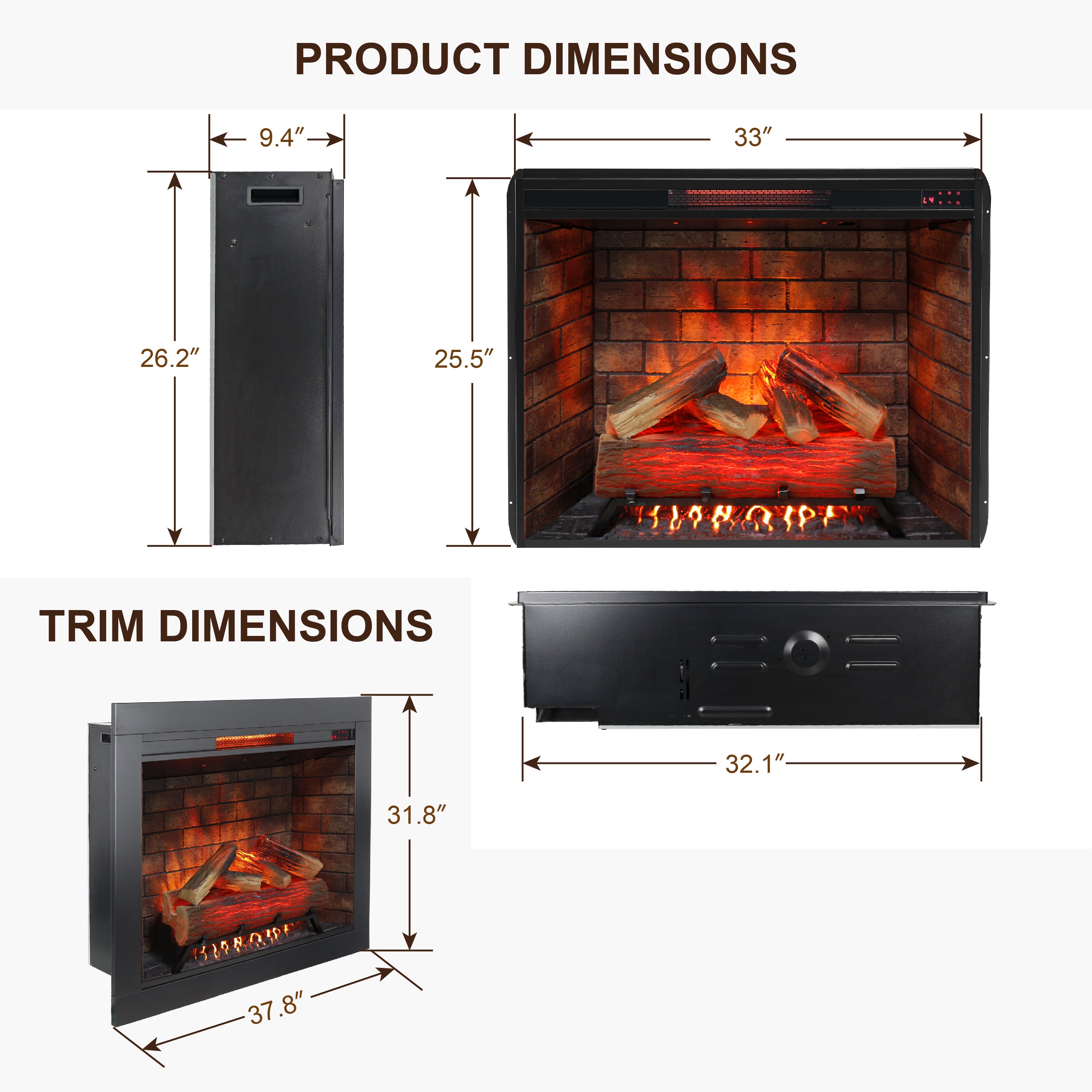 33 inch Infrared Electric Fireplace with Removable Trim kit Insert, Touch Panel Home Decor Heater, Smokeless Firebox With Fire Crackling Sound - Grand Goldman Shop