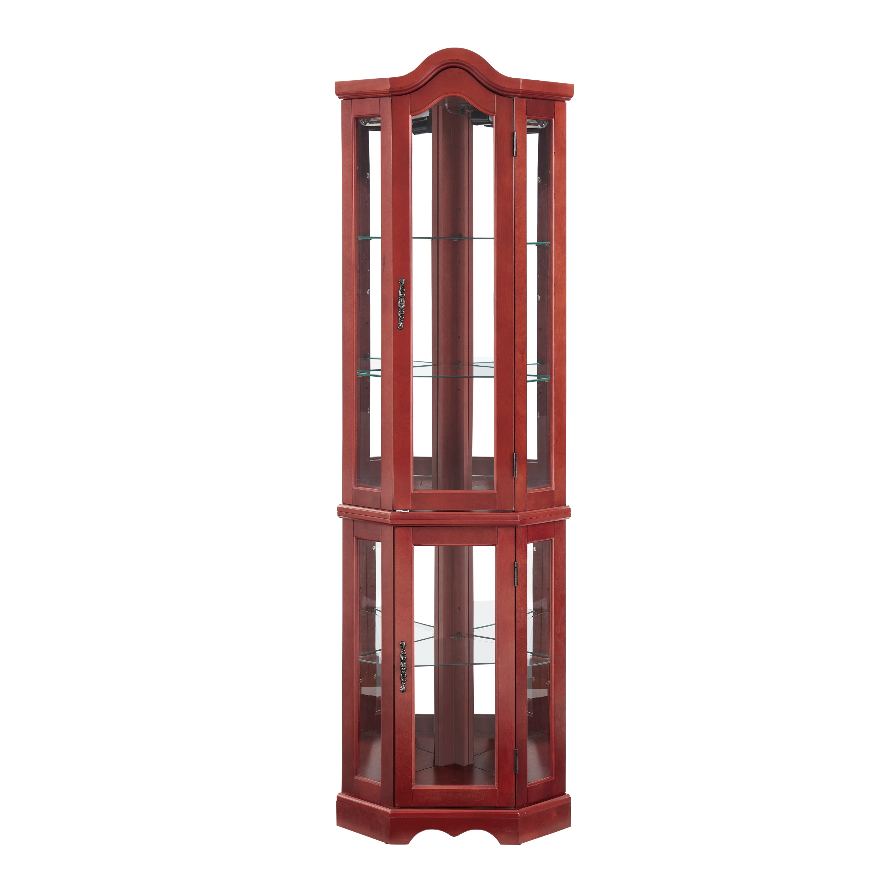 Curio Cabinet Lighted Glass Display Curio Cabinet w/Tempered Glass Doors and Shelves, Crown Corner Cabinet with Bulb, Corner Storage Decoration for Living room and Bedroom Cherry - Grand Goldman Shop