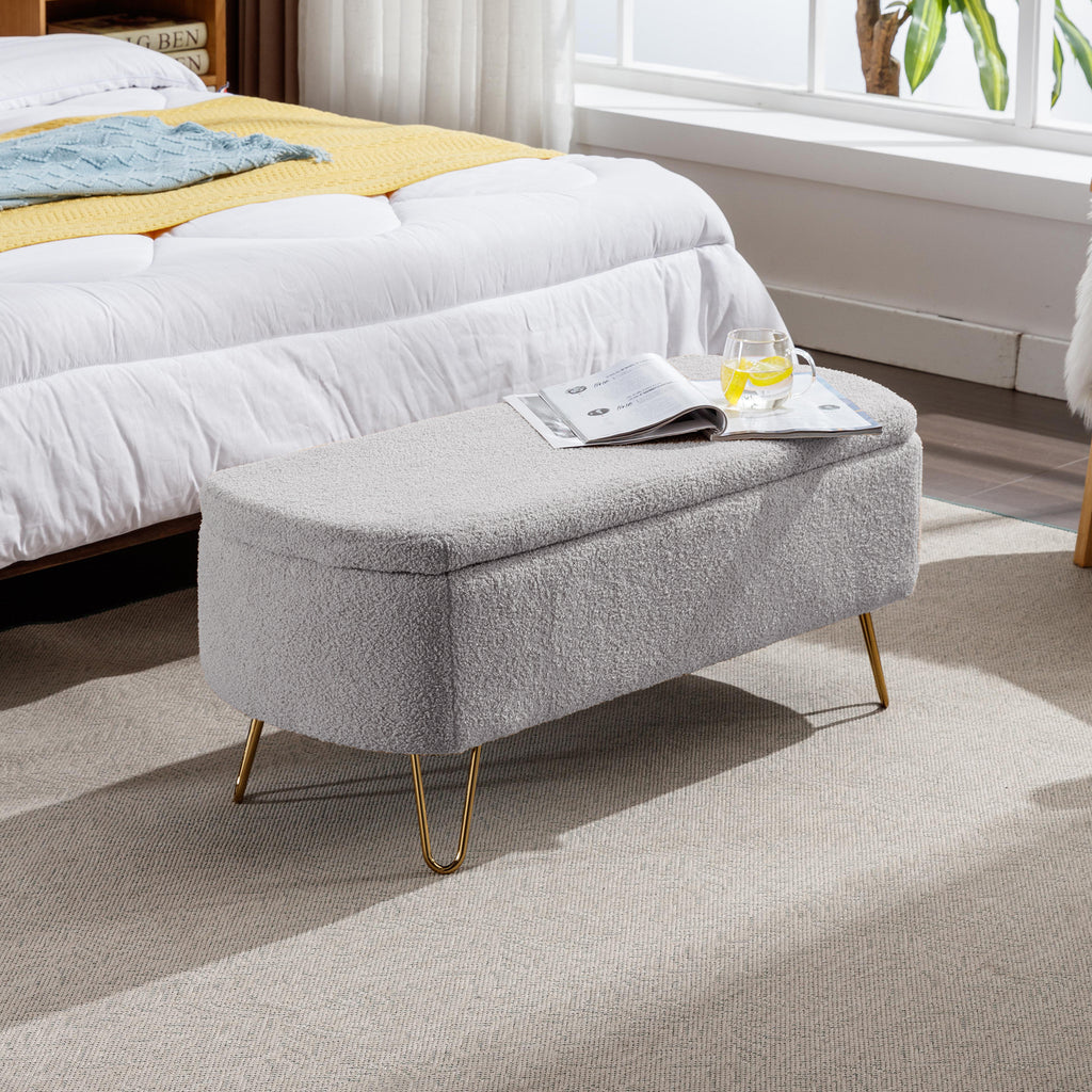 Grey Storage Ottoman Bench for End of Bed Gold Legs, Modern Grey Faux Fur Entryway Bench Upholstered Padded with Storage for Living Room Bedroom - Grand Goldman Shop