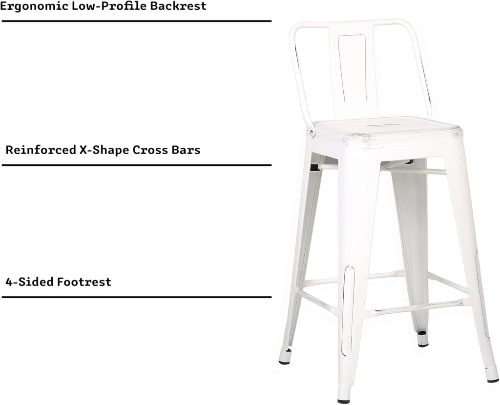 Modern Light Weight Industrial Contemporary Rustic Vintage Costal Metal Barstools with Bucket Back and 4 Leg Design, Seat Bar