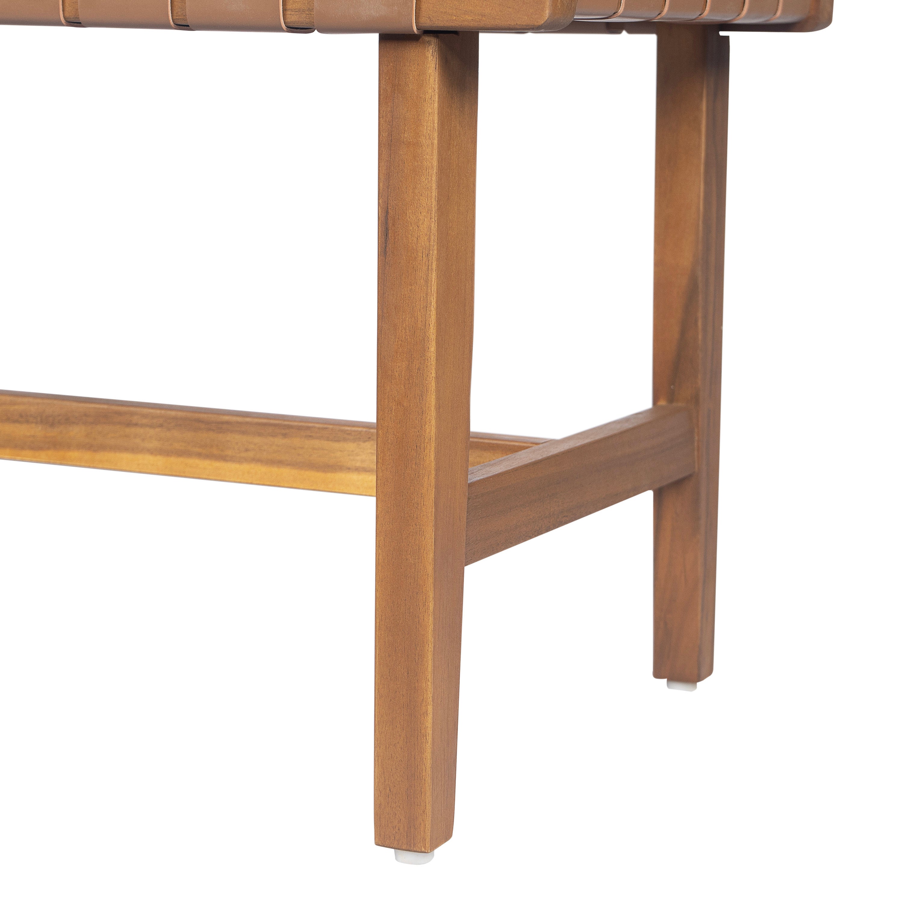 Stylish Acacia Wood Bedroom Bench with Woven PU Leather Seat in Warm Teak Tone, Natural Finish - Grand Goldman Shop